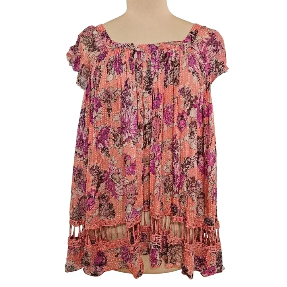 FP One Peach‎ Pink Floral Boho Tunic Top S Crochet Hem Cap Sleeve Artemis Fairy